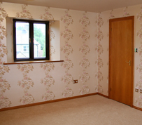 Lewis Decorating — Bedroom (Gullane) — Wallpaper and paint has been applied to newly plastered walls and ceiling, walls and ceiling were sealed in preparation.